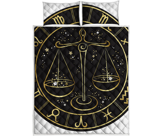 Gold And Black Libra Sign Print Quilt Bed Set