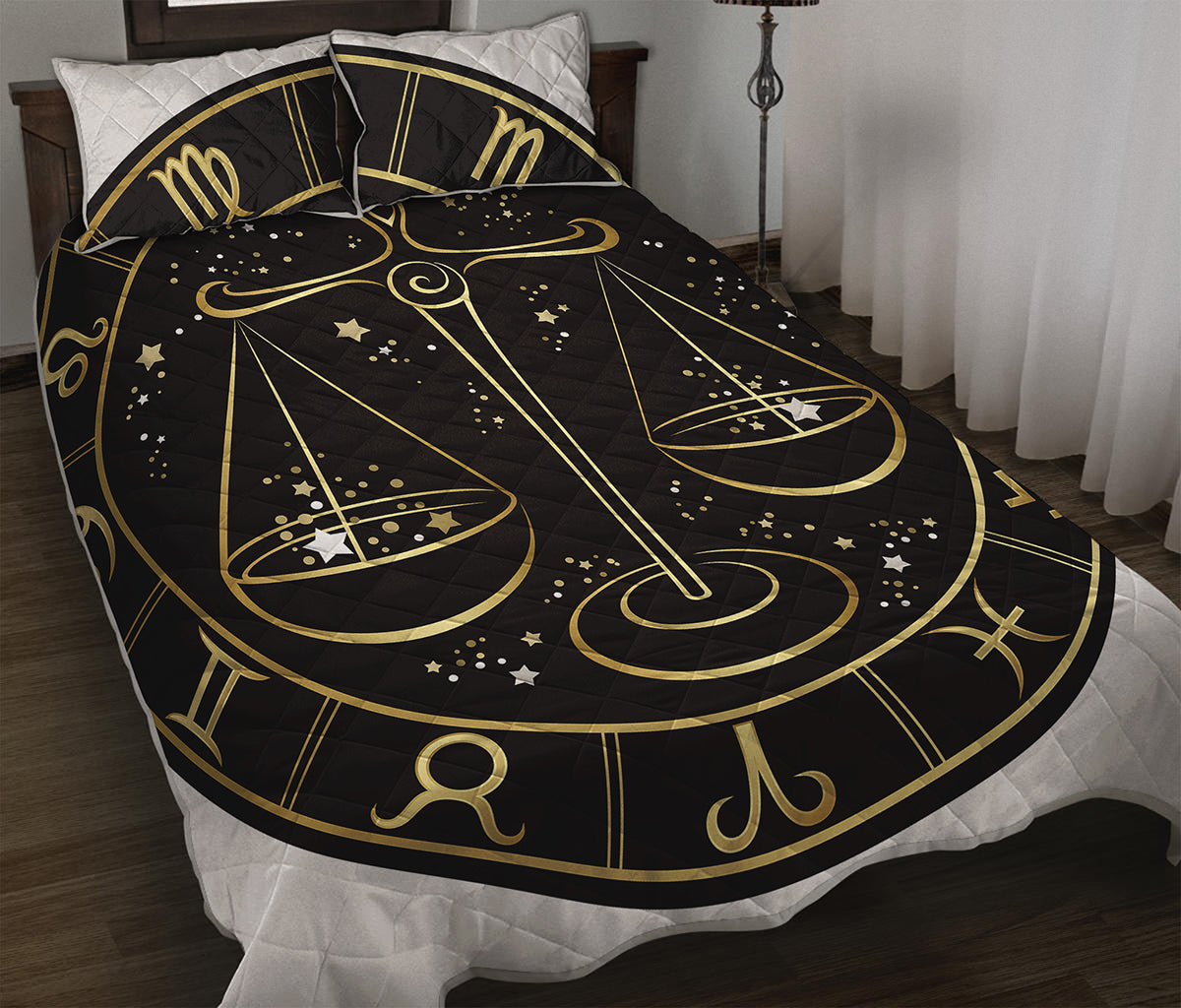 Gold And Black Libra Sign Print Quilt Bed Set