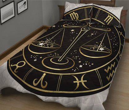 Gold And Black Libra Sign Print Quilt Bed Set