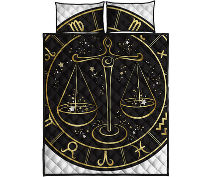 Gold And Black Libra Sign Print Quilt Bed Set