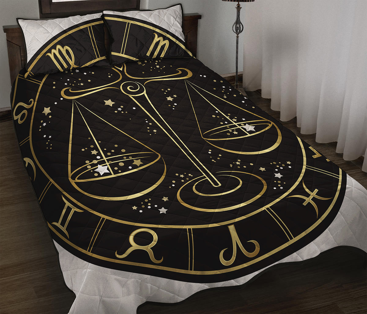 Gold And Black Libra Sign Print Quilt Bed Set