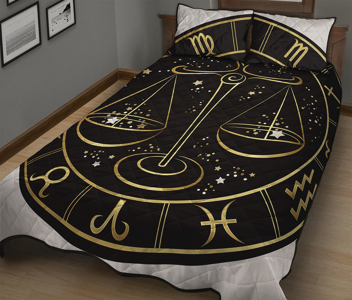 Gold And Black Libra Sign Print Quilt Bed Set