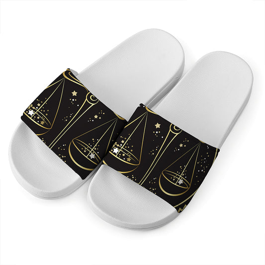 Gold And Black Libra Sign Print White Slide Sandals