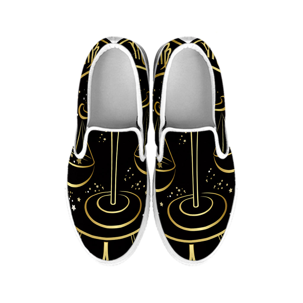 Gold And Black Libra Sign Print White Slip On Shoes