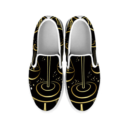 Gold And Black Libra Sign Print White Slip On Shoes