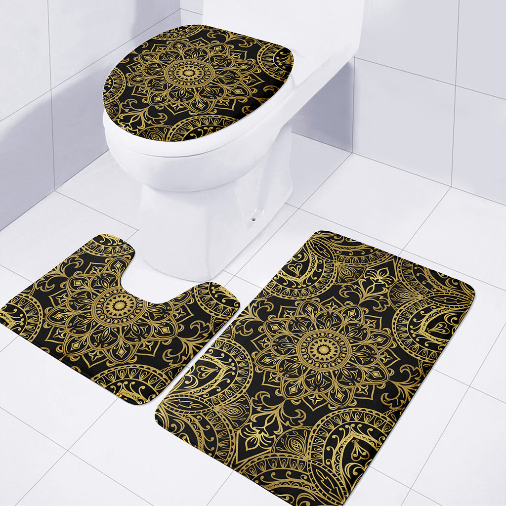 Gold And Black Mandala Print 3 Piece Bath Mat Set