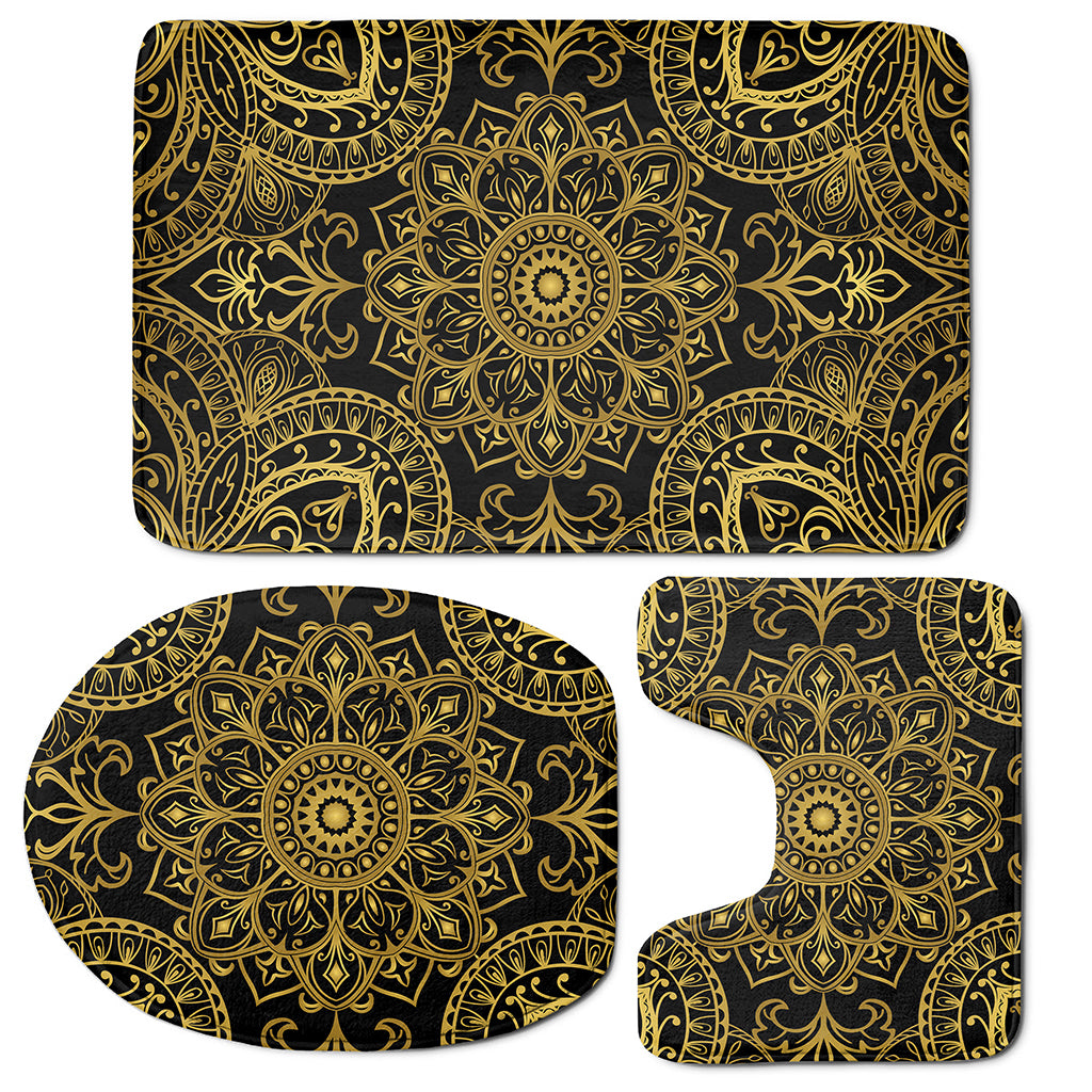 Gold And Black Mandala Print 3 Piece Bath Mat Set