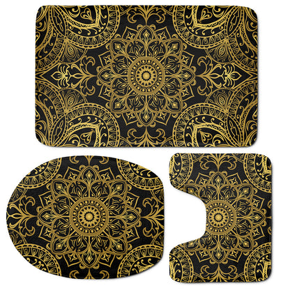 Gold And Black Mandala Print 3 Piece Bath Mat Set