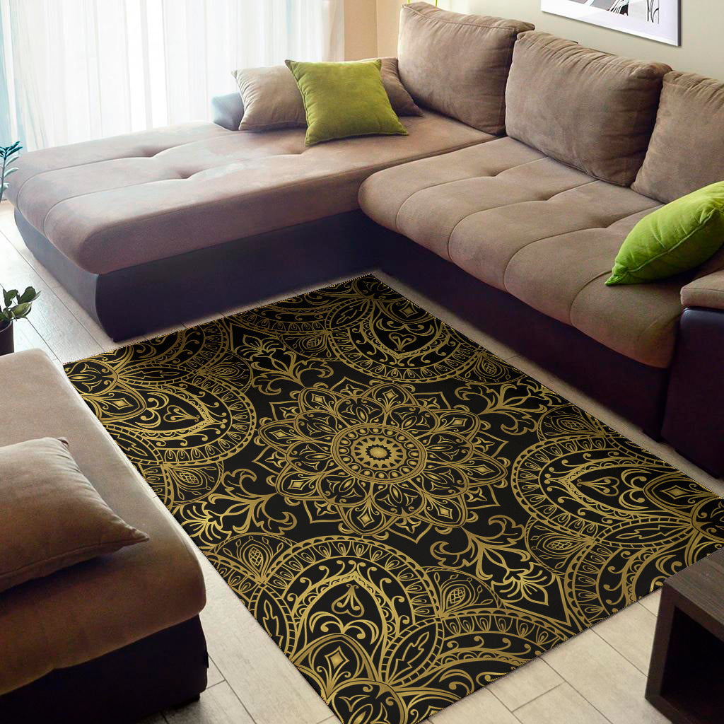 Gold And Black Mandala Print Area Rug