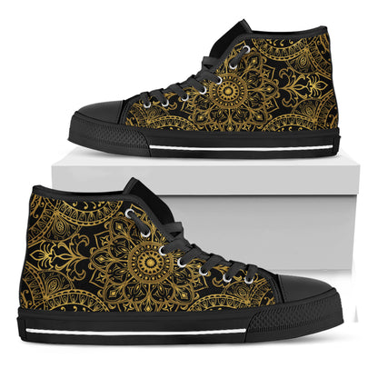 Gold And Black Mandala Print Black High Top Shoes