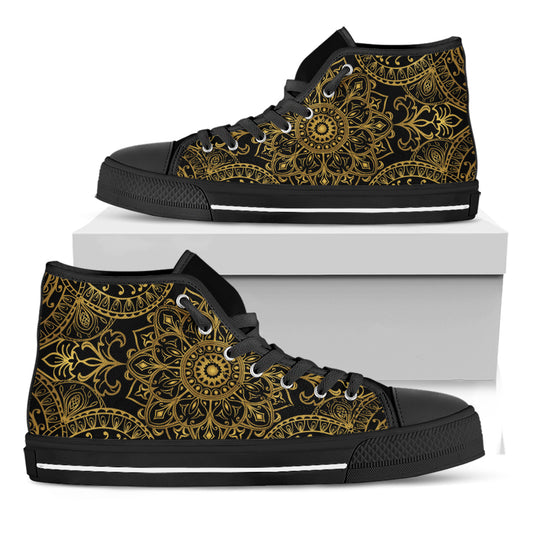 Gold And Black Mandala Print Black High Top Shoes