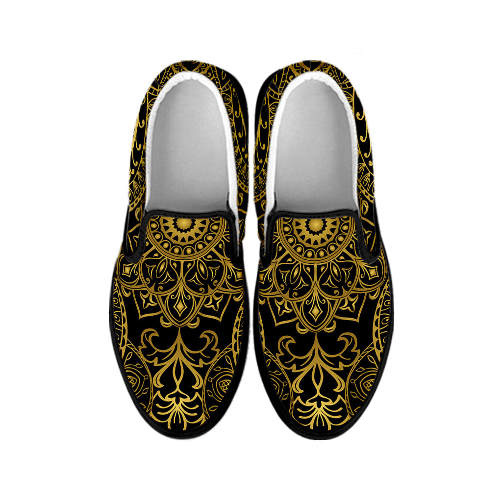 Gold And Black Mandala Print Black Slip On Shoes
