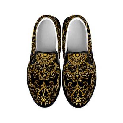Gold And Black Mandala Print Black Slip On Shoes