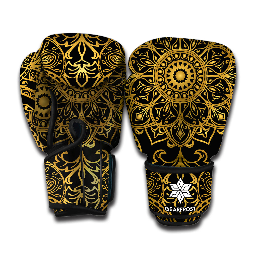 Gold And Black Mandala Print Boxing Gloves