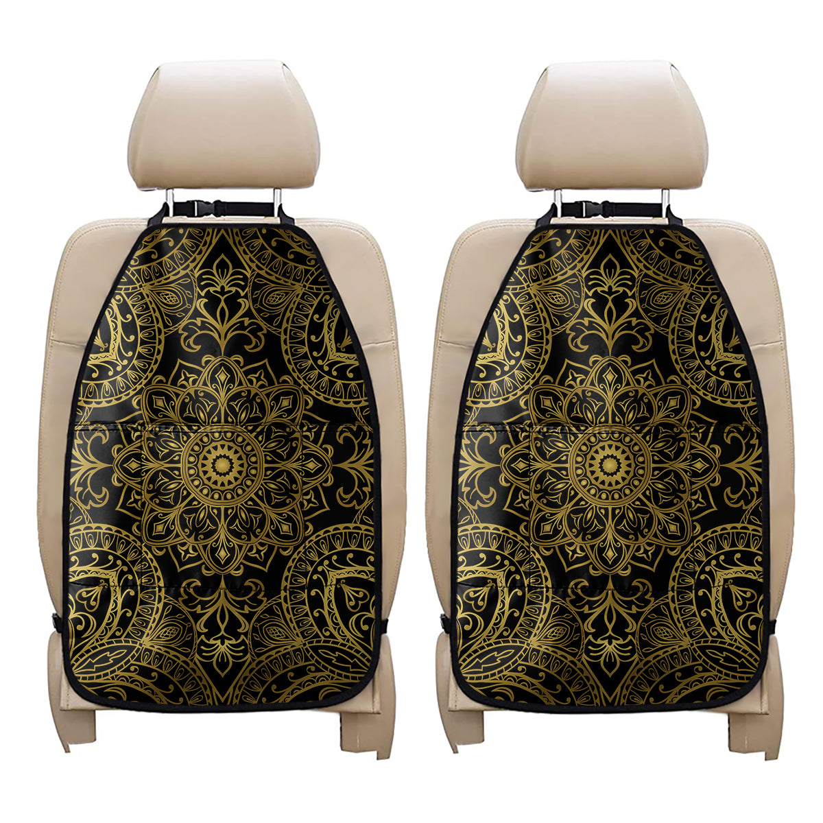 Gold And Black Mandala Print Car Seat Organizers