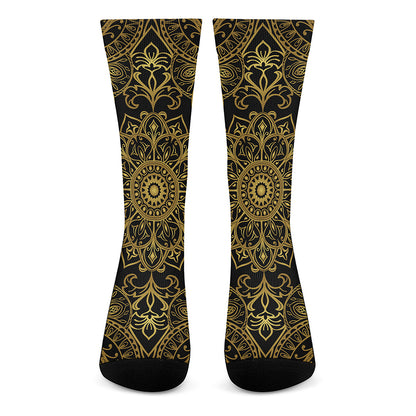 Gold And Black Mandala Print Crew Socks