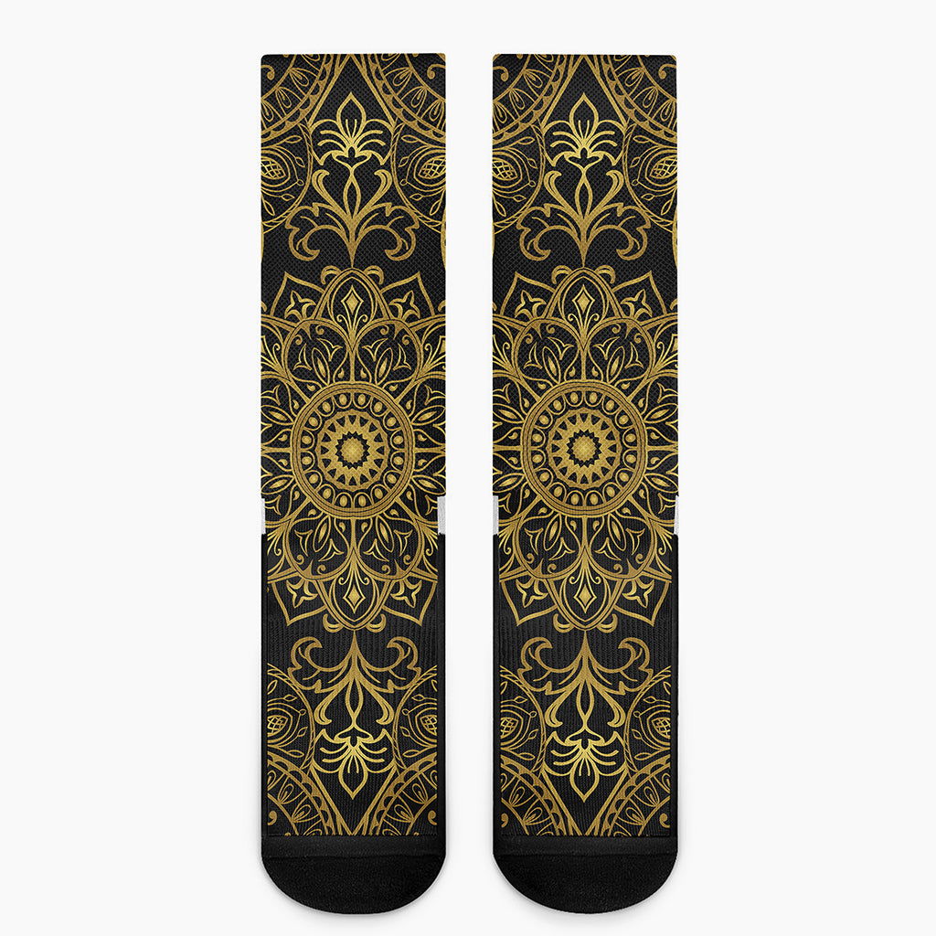 Gold And Black Mandala Print Crew Socks