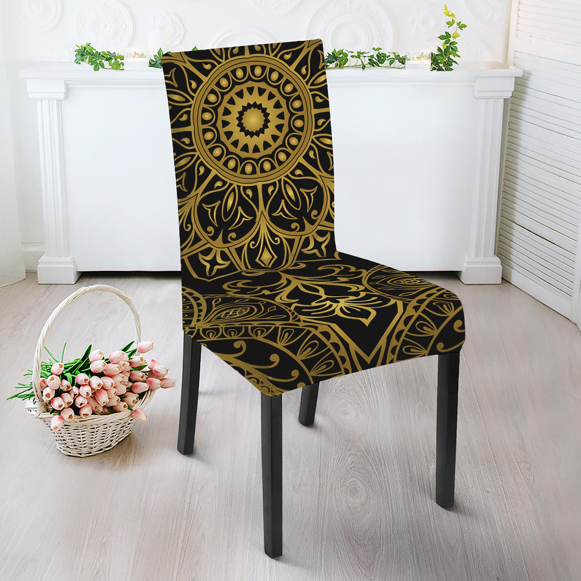 Gold And Black Mandala Print Dining Chair Slipcover