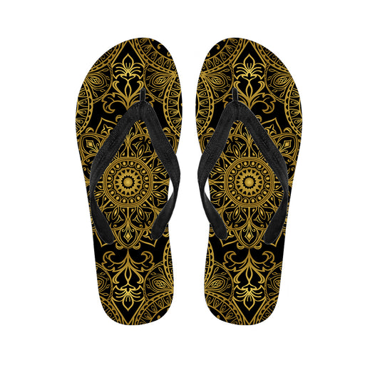 Gold And Black Mandala Print Flip Flops