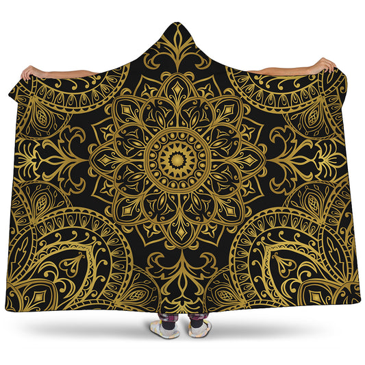 Gold And Black Mandala Print Hooded Blanket