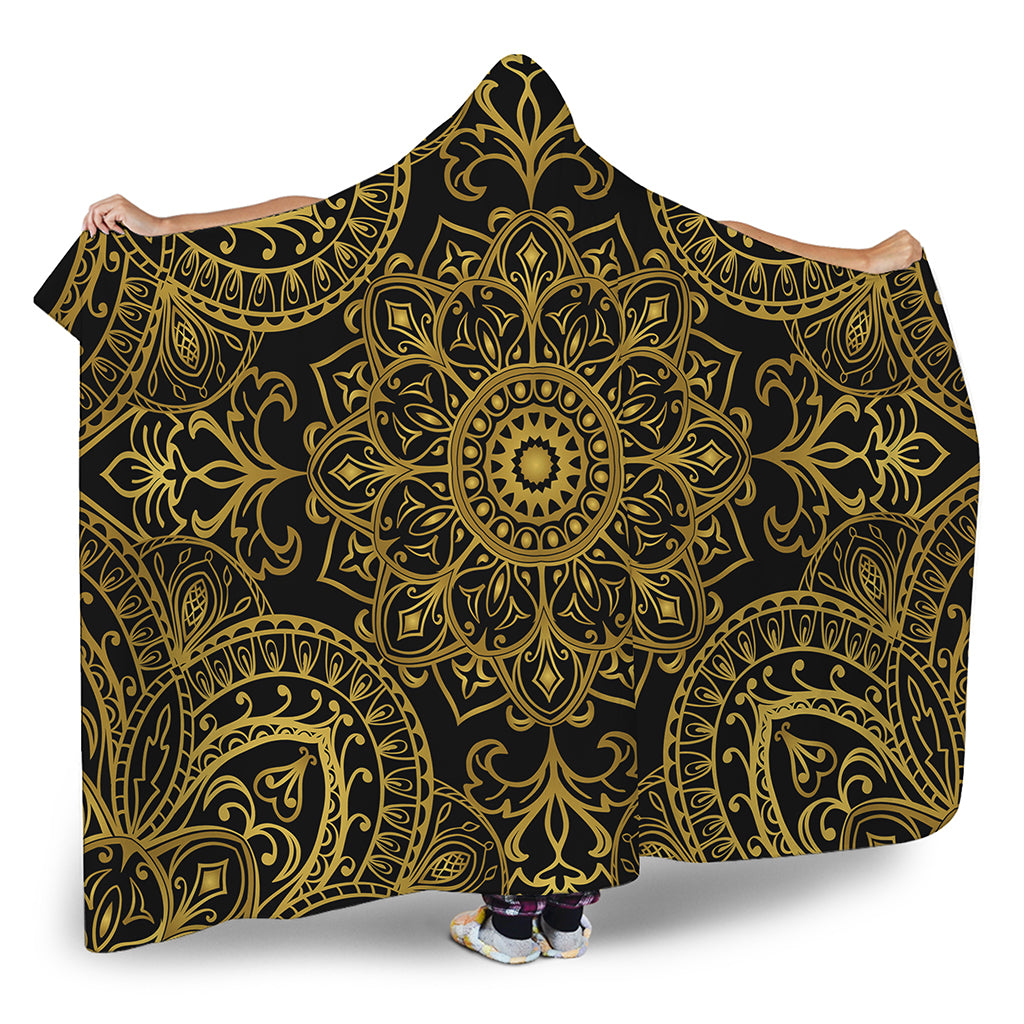 Gold And Black Mandala Print Hooded Blanket