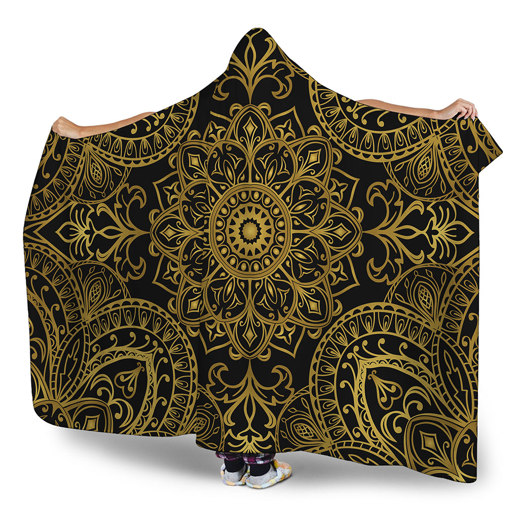 Gold And Black Mandala Print Hooded Blanket