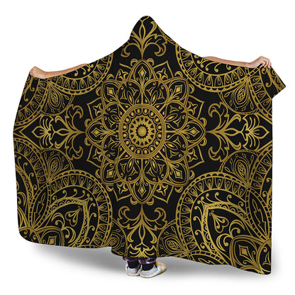 Gold And Black Mandala Print Hooded Blanket