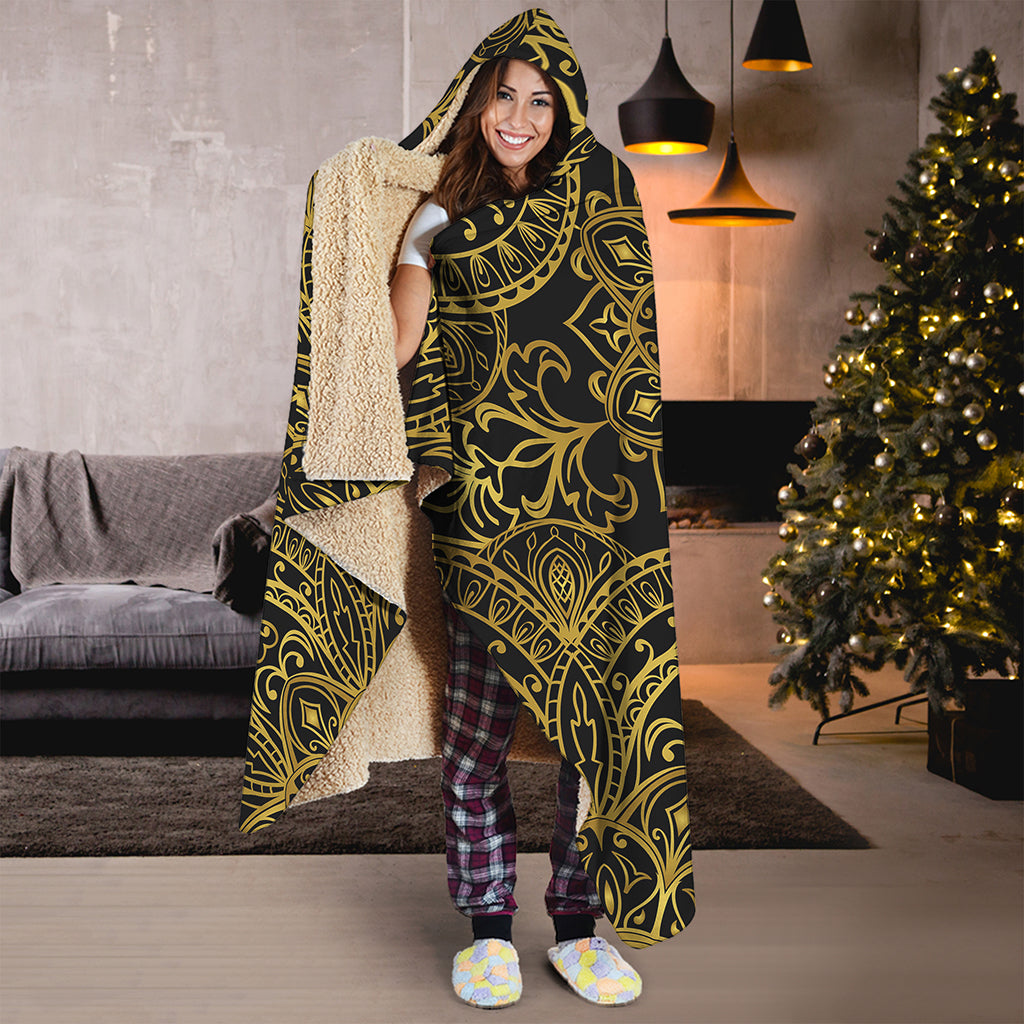 Gold And Black Mandala Print Hooded Blanket