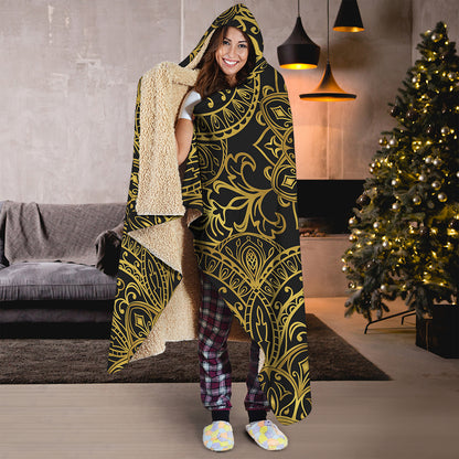 Gold And Black Mandala Print Hooded Blanket