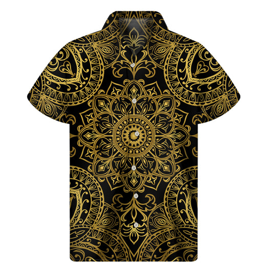 Gold And Black Mandala Print Men's Short Sleeve Shirt