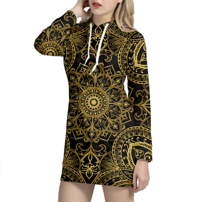 Gold And Black Mandala Print Pullover Hoodie Dress