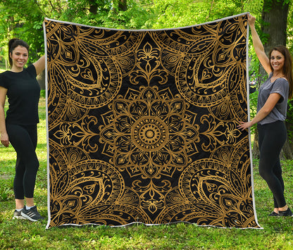 Gold And Black Mandala Print Quilt