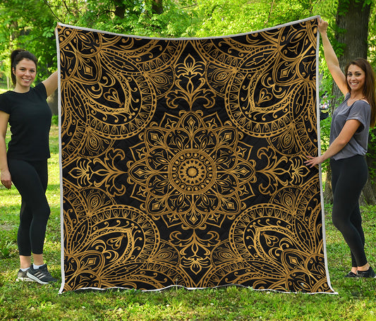 Gold And Black Mandala Print Quilt