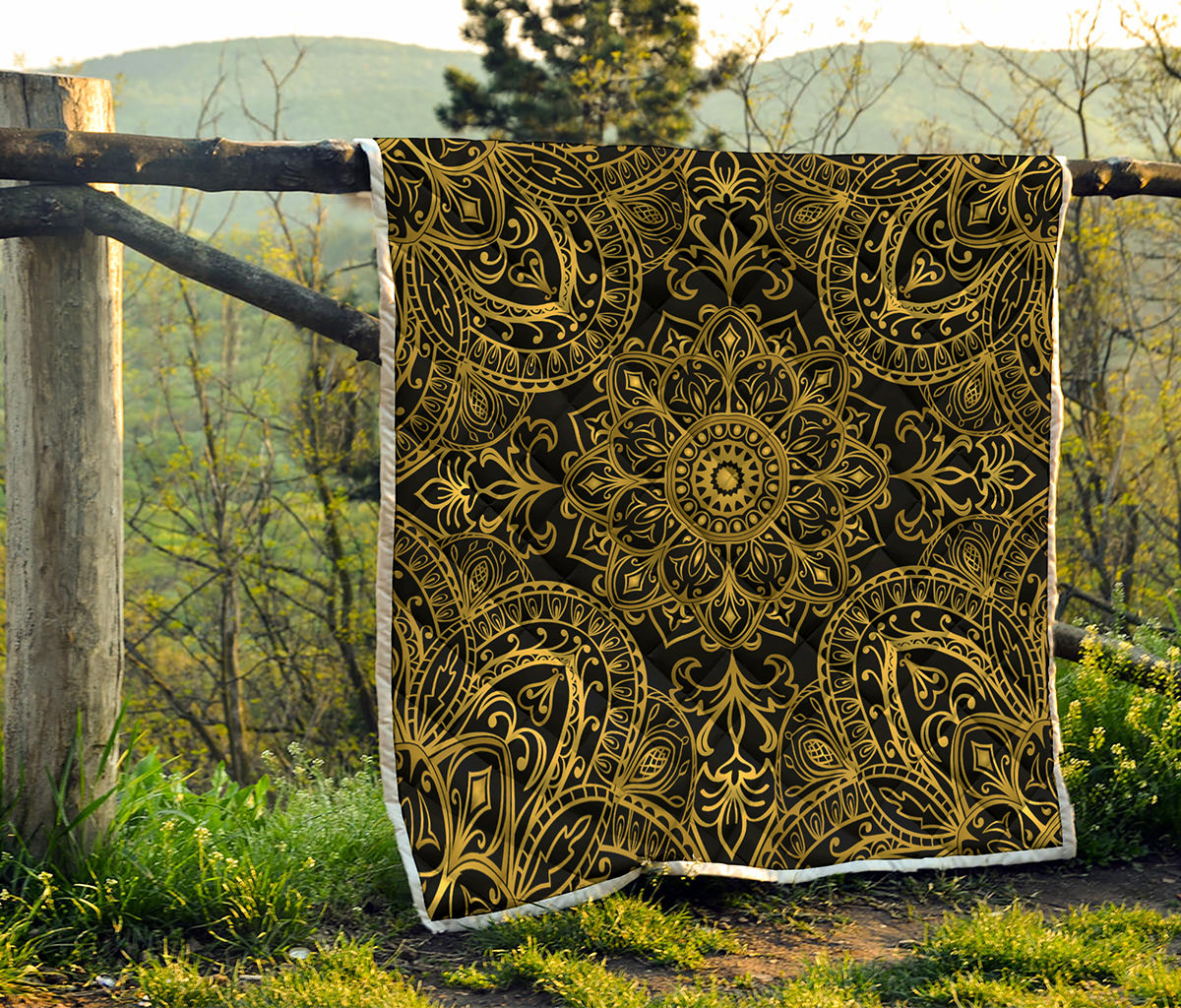 Gold And Black Mandala Print Quilt