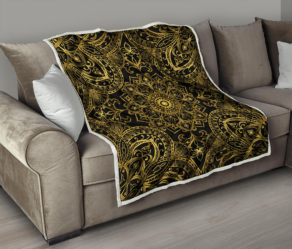 Gold And Black Mandala Print Quilt