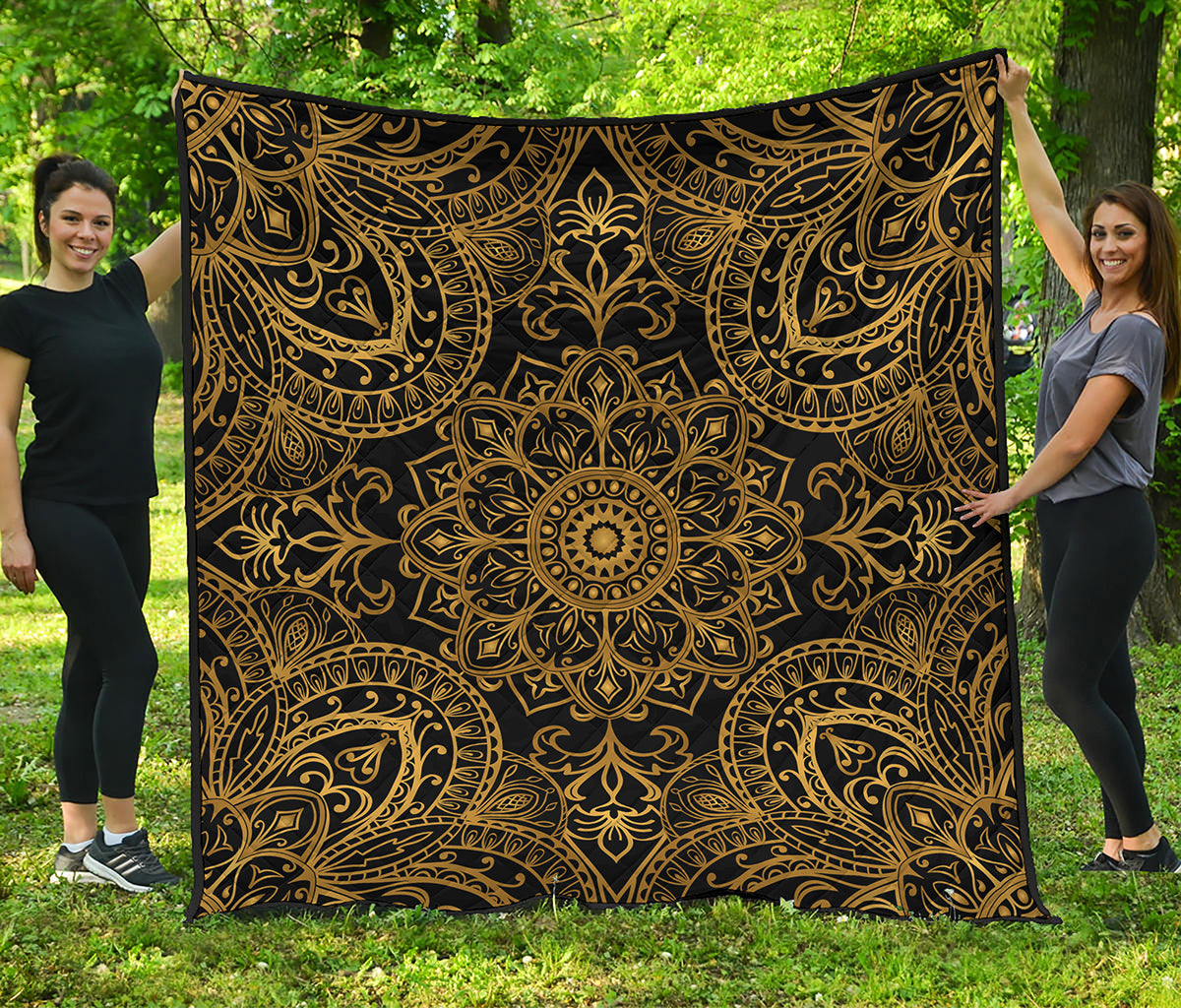 Gold And Black Mandala Print Quilt