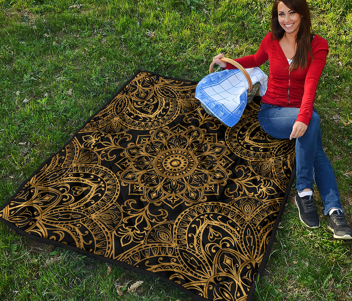 Gold And Black Mandala Print Quilt