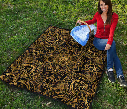Gold And Black Mandala Print Quilt