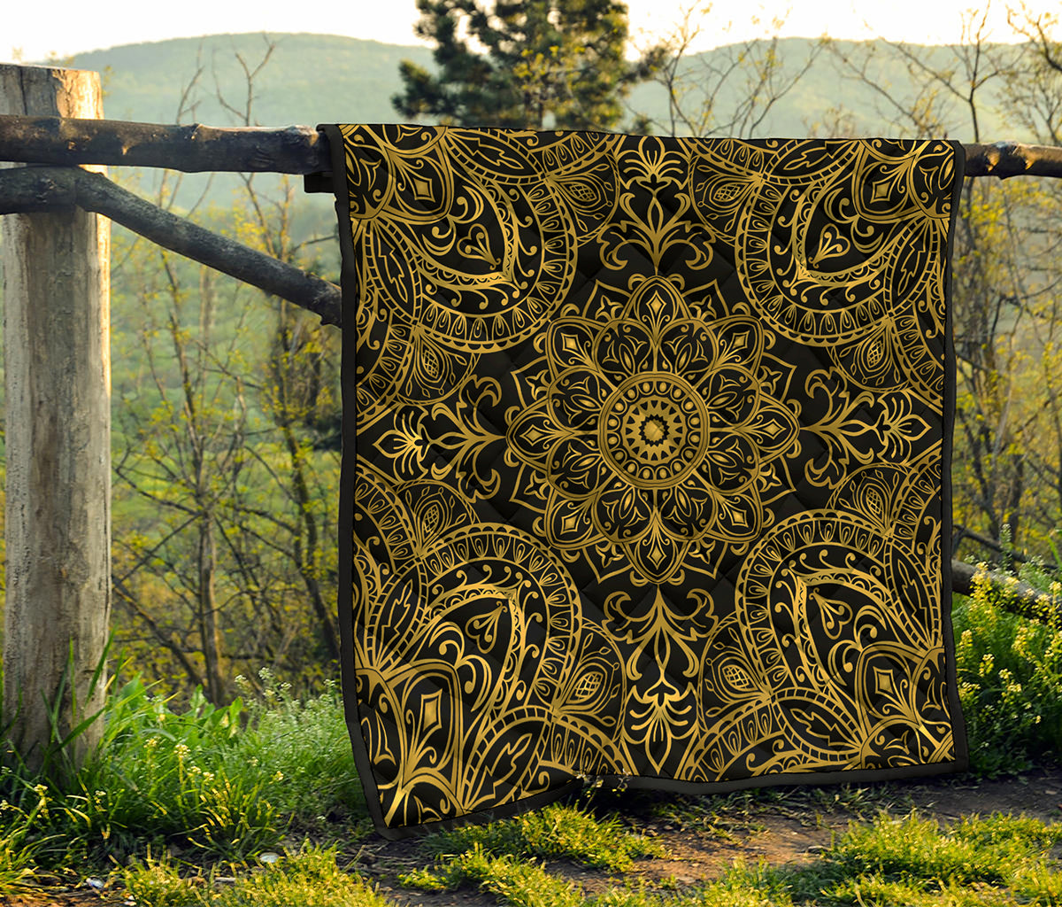 Gold And Black Mandala Print Quilt