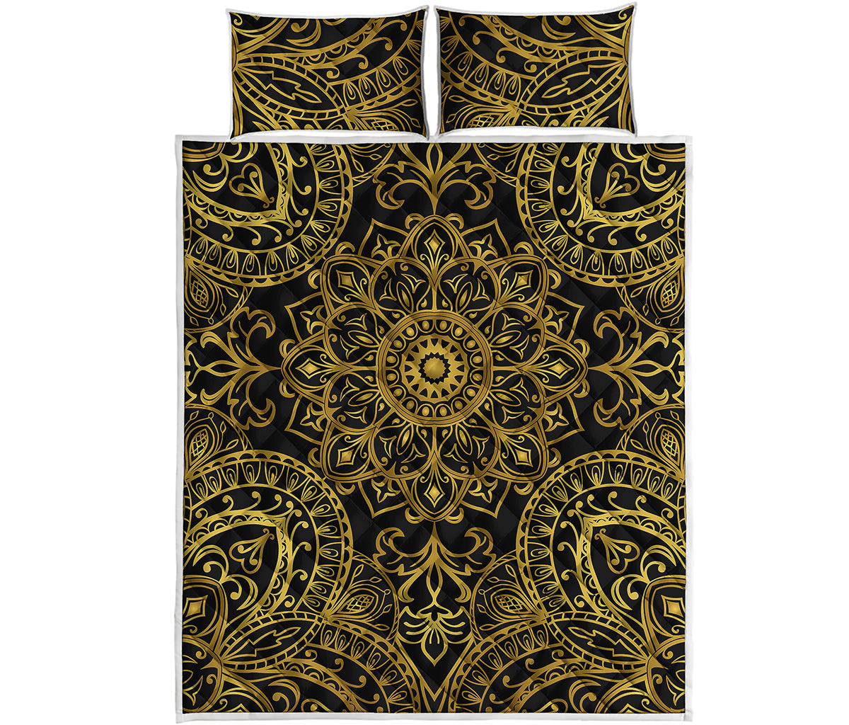 Gold And Black Mandala Print Quilt Bed Set