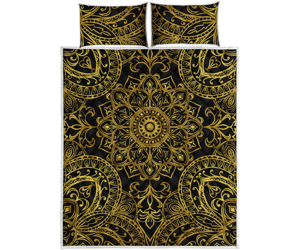 Gold And Black Mandala Print Quilt Bed Set