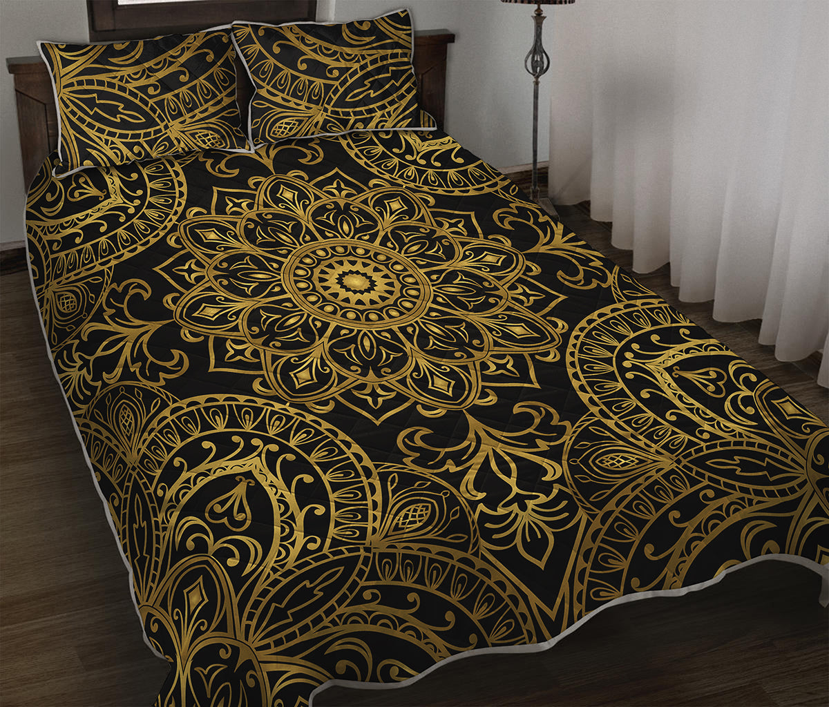 Gold And Black Mandala Print Quilt Bed Set