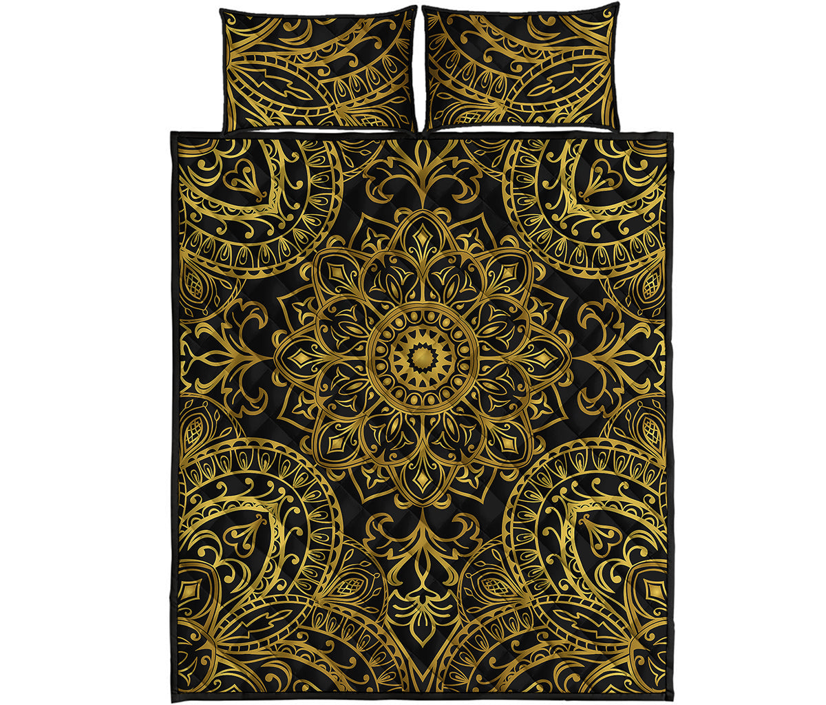 Gold And Black Mandala Print Quilt Bed Set