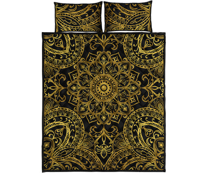 Gold And Black Mandala Print Quilt Bed Set