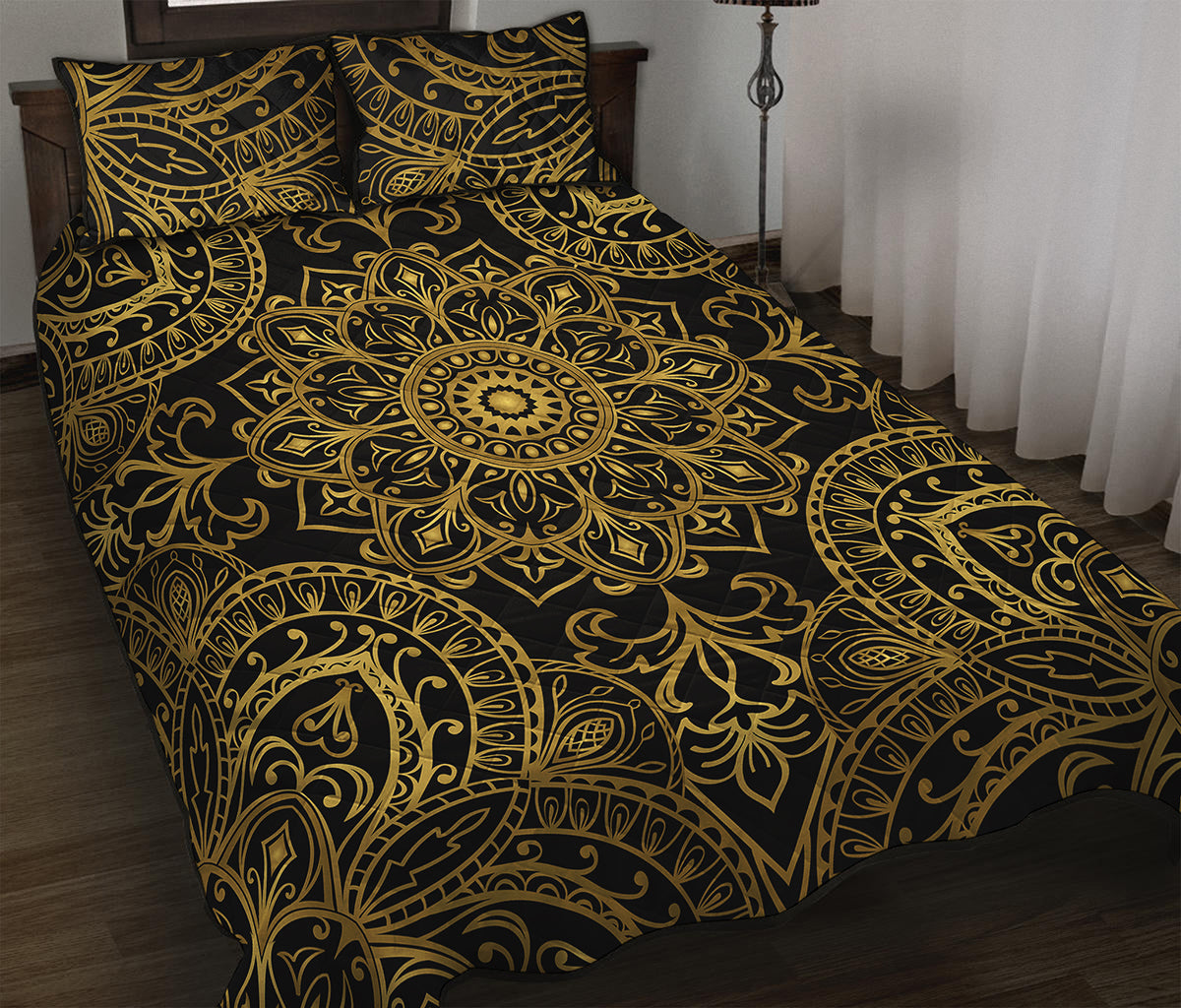 Gold And Black Mandala Print Quilt Bed Set
