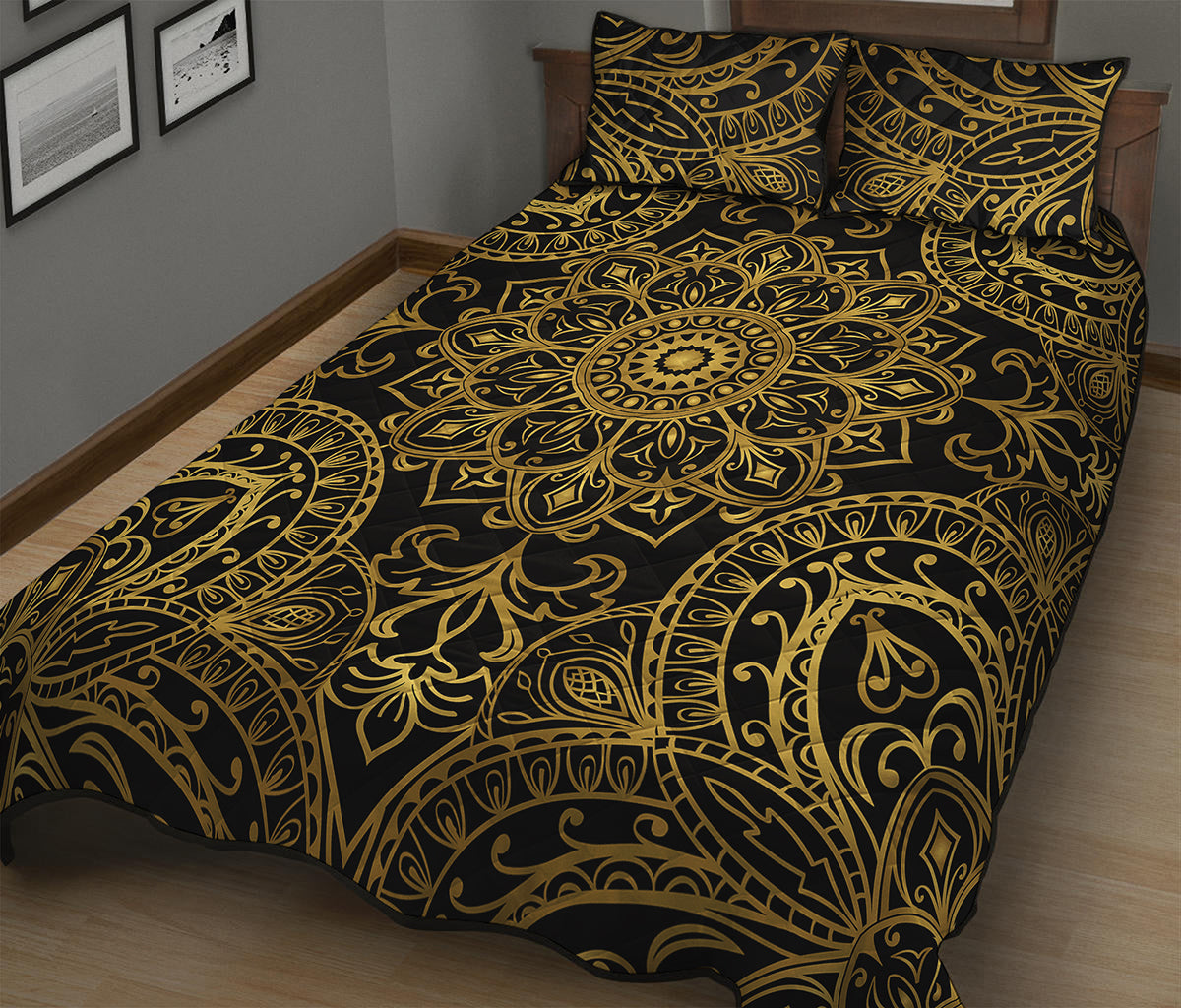 Gold And Black Mandala Print Quilt Bed Set