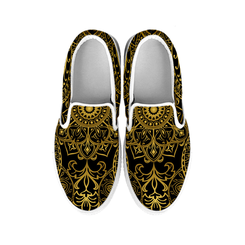 Gold And Black Mandala Print White Slip On Shoes