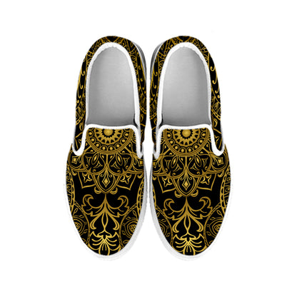 Gold And Black Mandala Print White Slip On Shoes