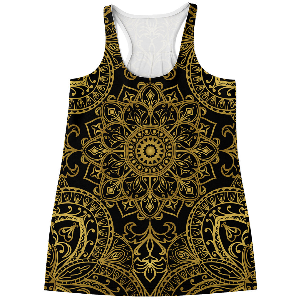 Gold And Black Mandala Print Women's Racerback Tank Top