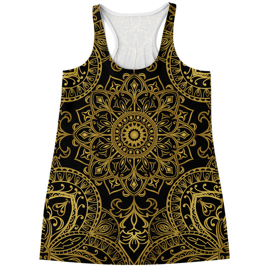 Gold And Black Mandala Print Women's Racerback Tank Top
